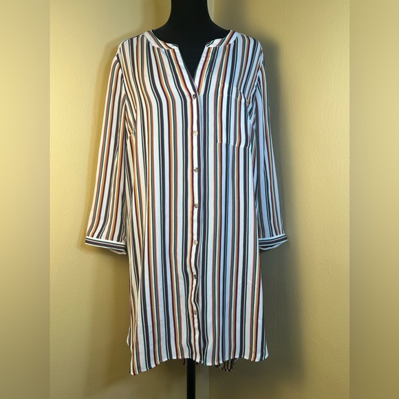 DR2 Women’s Size Medium Striped Button Down V-Neck Long Sleeve Shirt Dress - Picture 1 of 13